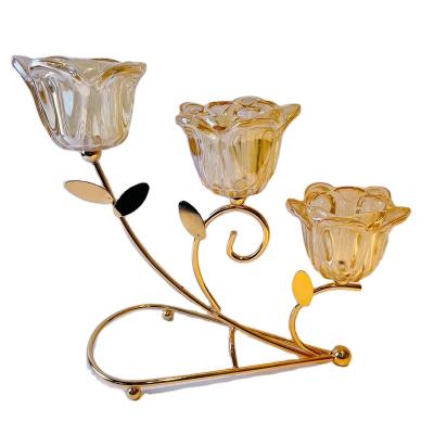 China Creative home iron table wrought candlestick gold metal office cafes hotel glass candle holder for wedding for sale