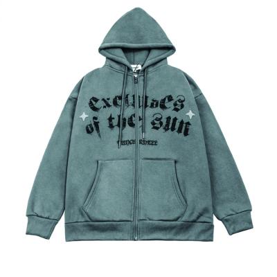 China Hot Selling Anti-Wrinkle Street Retro Distressed Letters Printed Zipper Cardigan Men Hoodies Custom Made Oversized Men Zip Up Hoodie for sale