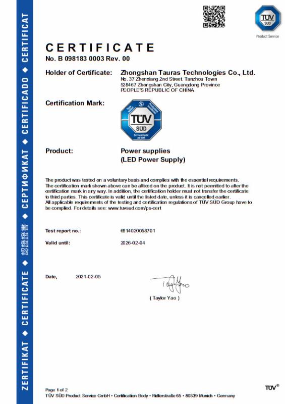 TUV mark - Zhongshan Tauras Technologies Co., Ltd.