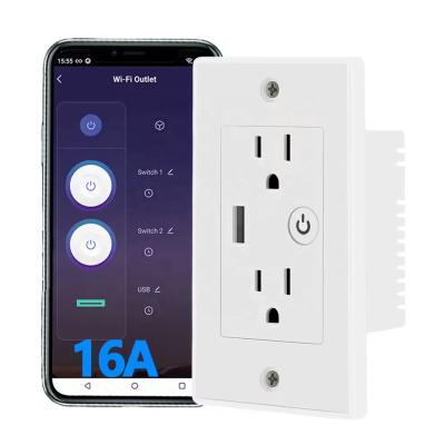 China Residential / General-Purpose WiFi Wall Socket US Standard 2 Sockets + 1 USB Tuya Smart Life Remote Control Alexa Google Smart Wall Outlet for sale