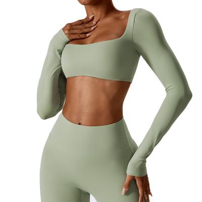 China Seamless Sexy Naked Long Sleeve Yoga Wear Gym Fitness ensembles Outdoor Running Crop Top Tight Dry Fit T Shirt for sale