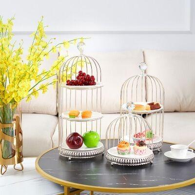 China Viable European Style Birdcage Cake Stand Wrought Iron Afternoon Tea Display Stand Metal Wedding Dessert Holder Ceramic for sale