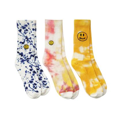 China Summer QUICK DRY Men's Women's Smiley Face Tie Dye Socks Justin Bieber Street Splash Ink Embroidery Cotton Casual Sports Socks for sale