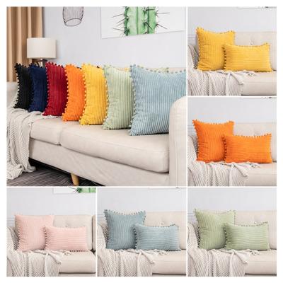 China Anti Dust Mite Tending Solid Color Checkerboard Plain Corn Striped Soft Corduroy Cushion Covers With Pom Pom for sale