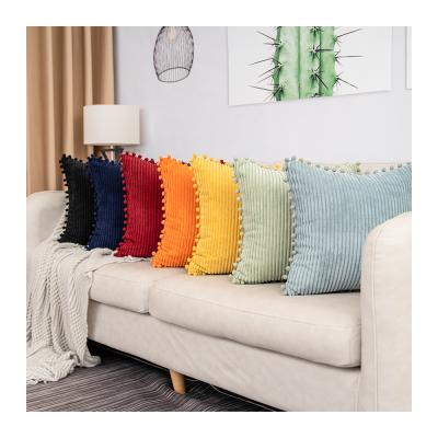 China Hot Selling Plush Pillow Covers Pom Pom Throw Pillow Covers Cushion Sofa Bedside Pure Color Corduroy Velvet Anti Dust Mite for sale