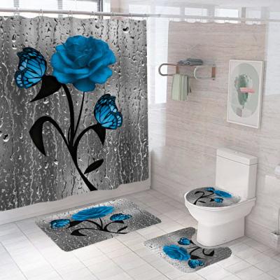 China Sustainable Hot Selling Modern Rose Pattern Digital Printing Shower Curtain Set With Non Slip Covers for sale