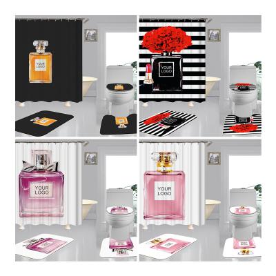 China Sustainable Custom Digital Printing Famous Brand Polyester Bathroom 4pcs Mat Set Shower Curtain Set for sale