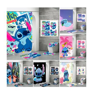 China Brand Children 4PCS Cortinas De Bao Cartoon Stitch Angel Bathroom Custom Viable Shower Curtain Set With 12 Metal Hooks for sale