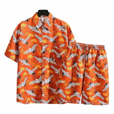 China Chinese Crane Pattern Anti-pilling Sleeve Shirt Beach Short Pants Loose Suit Men Casual for sale