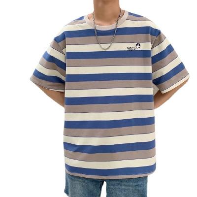 China Wholesale Anti-wrinkle Fashion Soft Loose Stripe Round Neck Clothes Couples T-shirts for sale