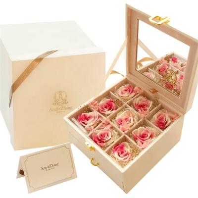 China Wholesale Gift and Decoration Preserved Double Rose Flowers Eternal Forever Rose Box Drawer Mirror Box for sale