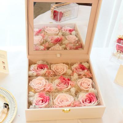 China New Eternal Preserved Roses Gift Idea PU Mirror Gift Box Inside With Japanese Preserved Eternal Rose Flowering Roses 4-5cm On It for sale