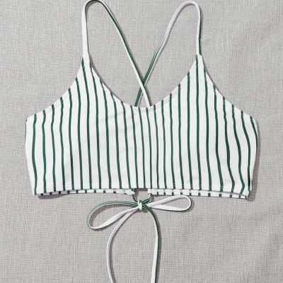 China Breathable Swimwear Swimwear One Piece Bikini Tops Striped Print Backless Cross Bandage Swimsuit Top With Removable Pad for sale