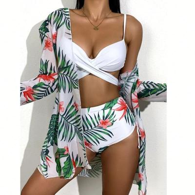 China 2021 Breathable Fancy New Design Three Piece Swimwear Printing Swimsuit Bikini With Cover Ups Set For Women for sale