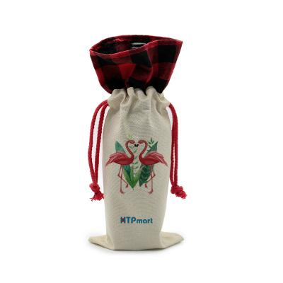 China Promotional Christamas Decoration Christmas Personalized Logo Drawstring Wine Bottle Bags Sublimation Reusable Linen Plaid for sale