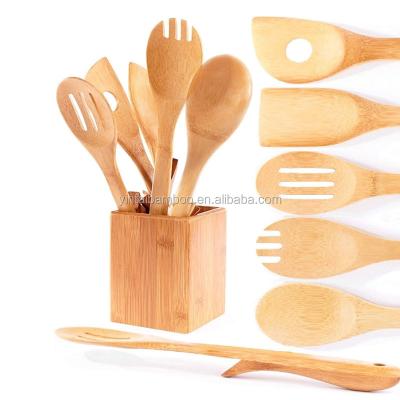 China Sustainable 6 Piece High Organic Bamboo Utensil Set With Wooden Rack Kitchen Utensils Spatula Spoon for sale