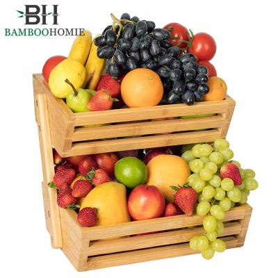 China Sustainable Bamboo Fruit Basket 2 Tier Fruit And Vegetable Storage Rack For Kitchen Countertop for sale