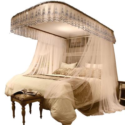 China U-shaped telescopic palace mosquito net three-door rail guide folded landing princess roll up household double mosquito net for sale