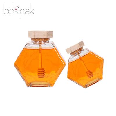 China China Honey/Jam Packaging Supplier BDPAK 100ml 220ml 380ml 500g Honey Jar Jam Bottle With Lid Bamboo Hexagon Clear Glass Honey Container for sale