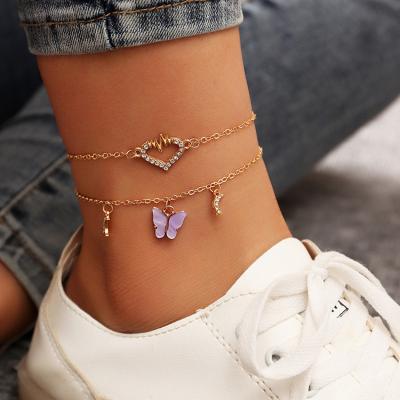 China FASHION jewelry wholesale all-match diamond-studded love foot ornaments peach heart butterfly acrylic anklet chain for sale