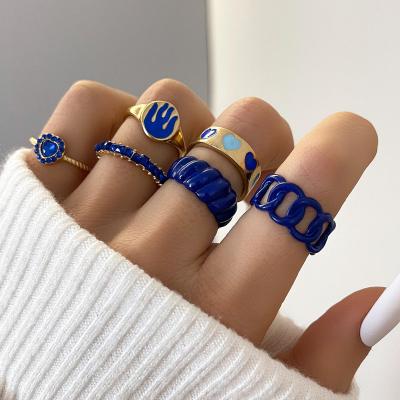 China Simple Retro Niche Design Cool Wind Oil Twist Love Diamond Flame Romantic Blue Drip Ring 6 Piece Set for sale