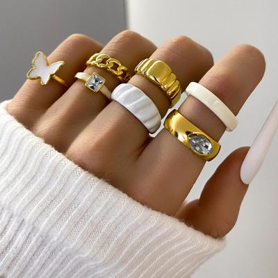 China Fashion Rhinestone Ring Personality Square Diamond White Butterfly Oil Drop Ring 7-Piece Romantic Creative Set for sale