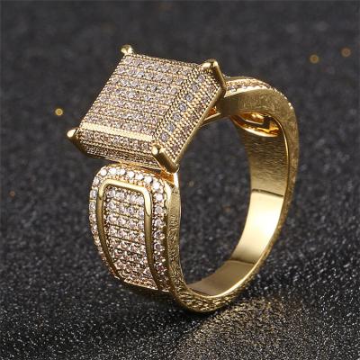 China Custom Hop Nickel Free Mens Hip Square Ring New Micro Set Zircon Crystal 18K Gold Ring for sale