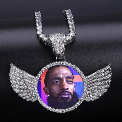 China Diamond Men Jewelry Custom Photo Round Nickel Free Spinning Frames Charm Angle Printed Wings Shape Pendant Necklace for sale