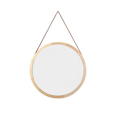 China Large CLASSIC Home Furniture Decoration Art Wooden Round Wall Hanging Makeup Mounted Mirror With Lanyard for sale