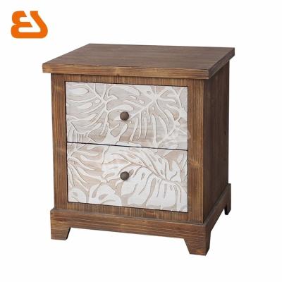 China Rustic Solid Wood 2 Drawer Natural Wood Finish Nightstand With Lotus Leaf Cutout Ornament for sale