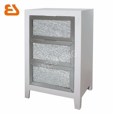 China PANEL 3 Drawer Wood White Paint Side Table With Crack Mirror Inlayed Decoration for sale