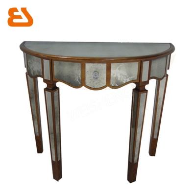 China Mirrored PANEL Half Moon Wood Console Table With Antique Gold Wood Trim for sale