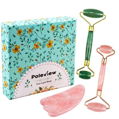 China Wholesale Portable Anti Aging Massager Facial Roller Set Aventurine Jade Rose Quartz Shape Guasha Stone From Manufacturer for sale