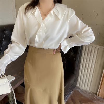 China Spring 2022 new women's clothing candy plus size anti-shrink and Lotus Leaf Collar Chiffon Shirt chic for sale