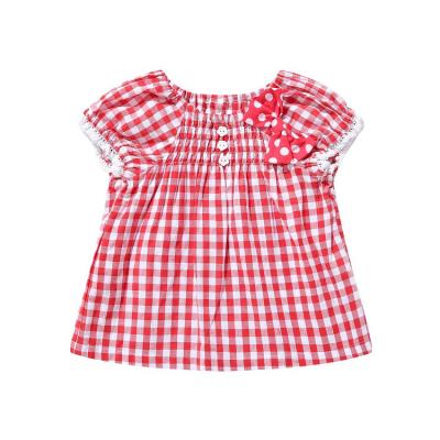 China Red and White Plaid Collar Lace Bubble Sleeve Bow Decoration Washable Elastic Dress for Kids Girls for sale