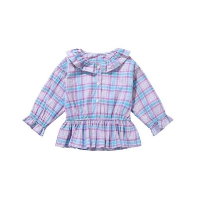 China Breathable Babies Purple-Blue Plaid Ruffle Collar Cuffs Elastic Waist Button Down Shirt for sale