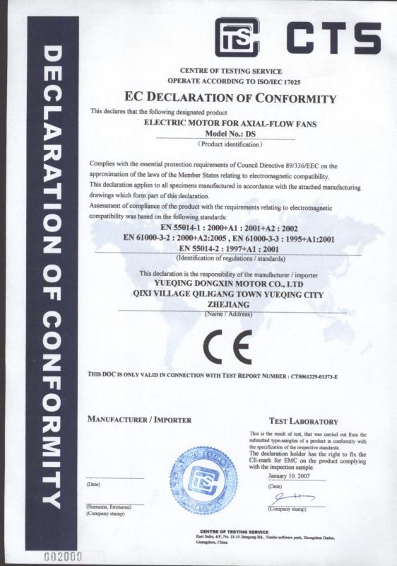 EC DECLARATION OF CONFORMITY - Yueqing Dongxin Motor Co.,LTD