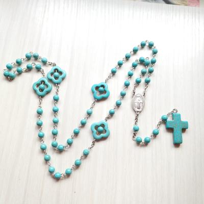 China Religious Blue Turquoise Necklace Pendants For Jesus Christ Prayer Beads Crosses Necklace Catholicism Jewelry Cross Necklace For Church for sale