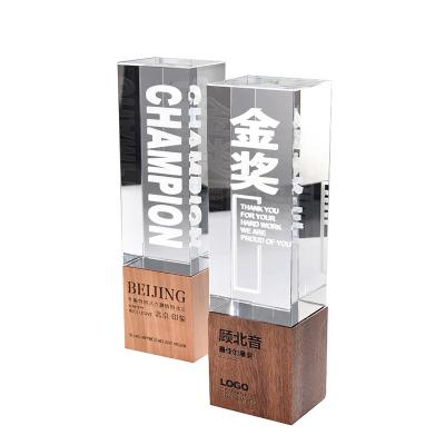 China Europe laser customized rectangle plaque crystal trophy with wooden base MH-NJ0155 for sale