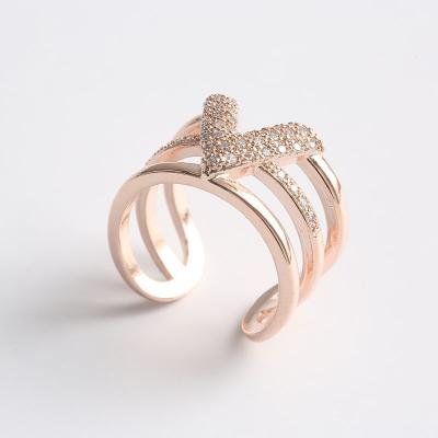 China TRENDY Fashion V Opening Minimalist Adjustable Rose Gold Plated Zircon Rings for sale