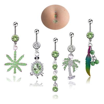 China Women 5 in 1 One Set Small Fresh Green Leaf Turtle Coconut Tree Navel Ring Jumpsuit Set Stainless Steel Geometric Shape for sale