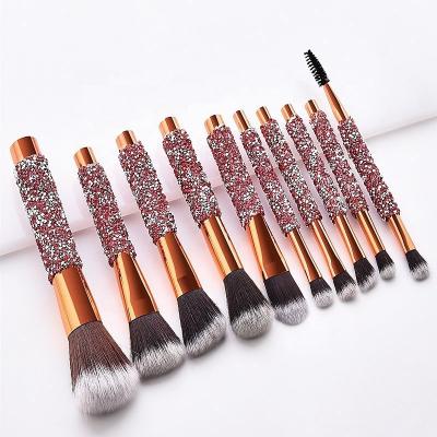 China 10pcs Rose Gold Glitter Handle Diamond Base Skin-friendly Crystal Brush Set With PU Bag Makeup Brushes for sale