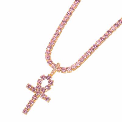 China Hot Lead Free Iced Out Pink Zircon Necklace CZ Ankh Charm Jewelry Cross Pendant Necklace Women Gift for sale