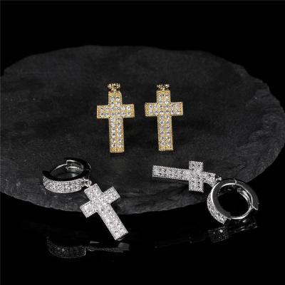 China Lead Free Hip Hop Iced Out Double Row Full Diamond CZ Zircon Earrings Gold And Silver Huggie Cross Earrings for sale