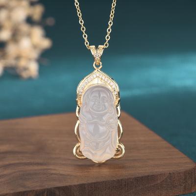 China Fashionable Popular Jade Necklace Laughing Buddha Pendant In Stock Maitreya Jade Nationality Buddha Necklace for sale