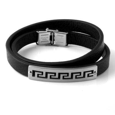 China Latest Design 2022 FASHIONABLE Black Great Wall Stainless Steel Bangle Leather Bracelet for sale