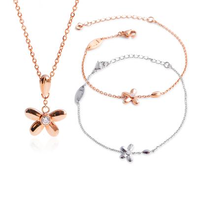 China Factory Direct Sales Stainless Steel Fashion Jewelry Set Trendy Flower Charm Necklace With Bracelet for sale