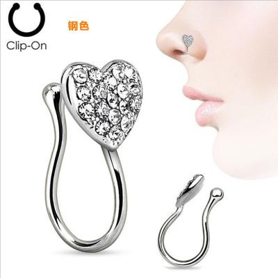 China Amazon FASHION Hot Sale Stainless Steel Gold Plated Crystal Rhinestone Heart Shape Nose Ring CZ Heart Nose Stud Pave CZ Heart Nose Clip for sale