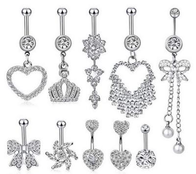 China 10pcs/set Body Jewelry Nickel Free 316 Stainless Steel Medical Navel Piercing With Rhinestone Heart Crown Star Bowknot Belly Button Ring for sale