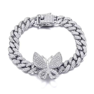 China CLASSIC Popular 12mm Cuban Chain Full Diamond Butterfly Accessory Hip Hop Zircon Anklets For Women Men Jewelry for sale